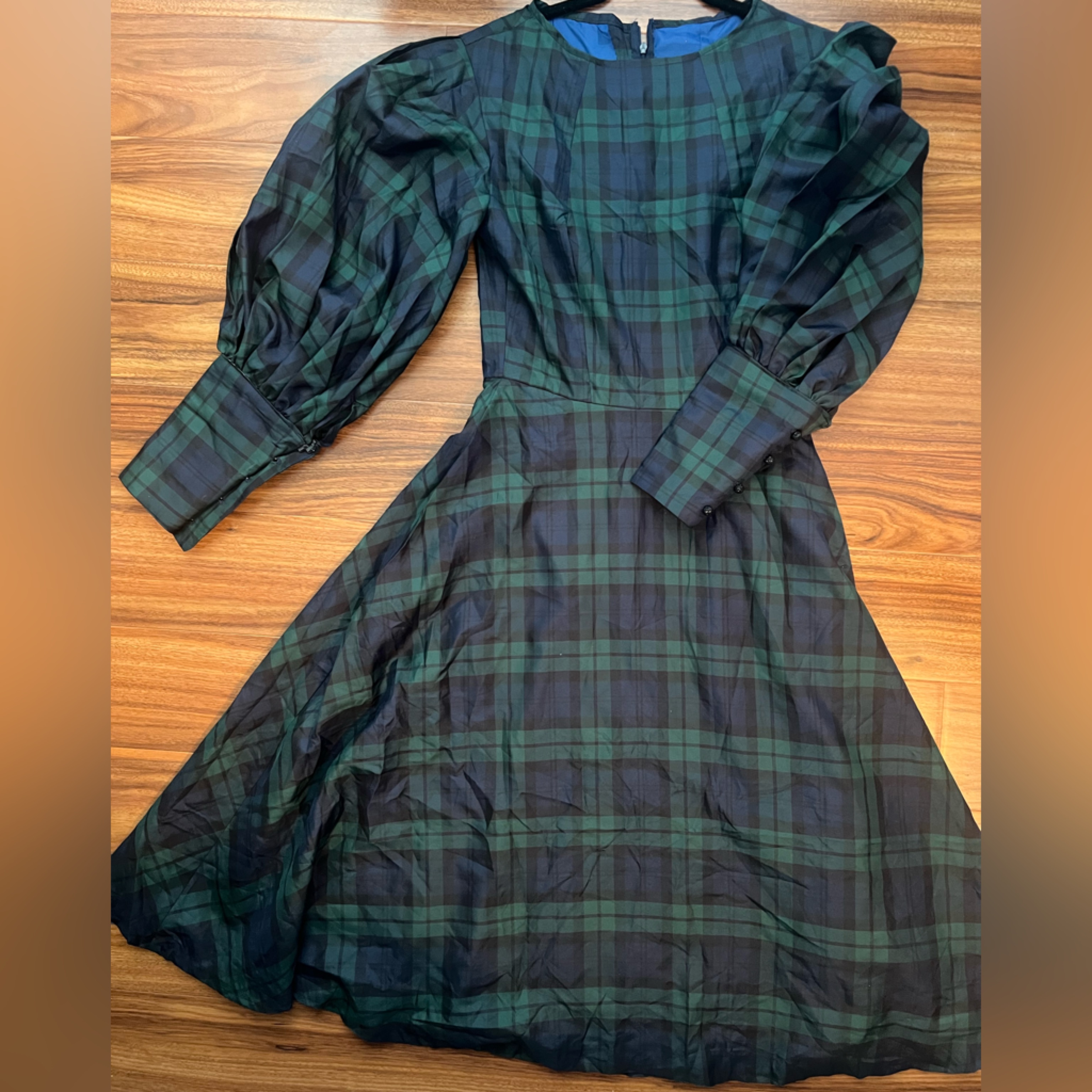 Custom Made Plaid Silk Dress With Dramatic Sleeves And Jeweled Cuffs
